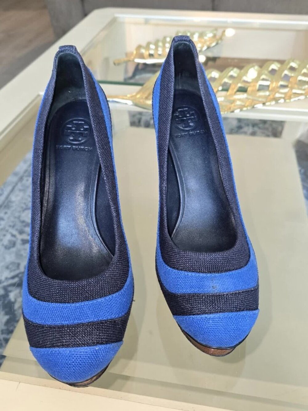 Tory Burch Colorblock Blue Navy Canvas Block Heel Pumps Size 11